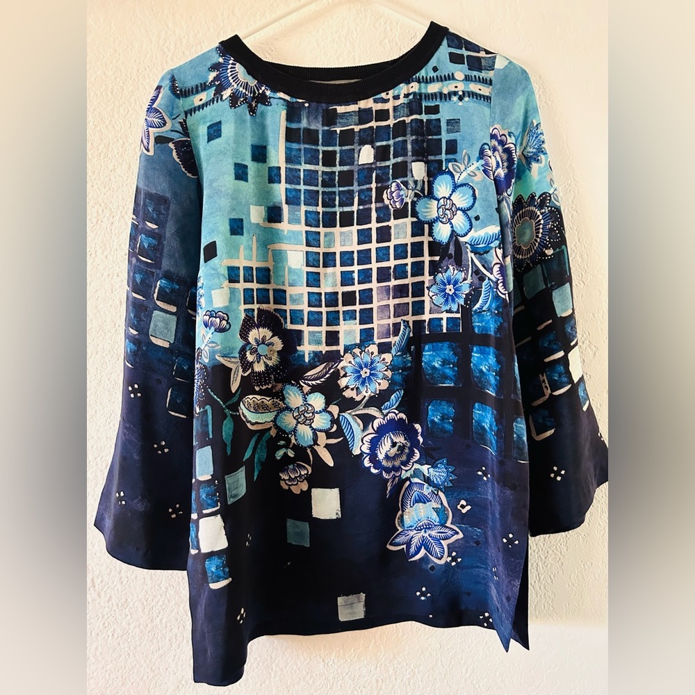 ALBERTA FERRETTI Blue Shades Bateau Neck Tunic Top Size Medium - Picture 3 of 8